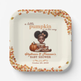 Kleine Pompoen Afro Puff Meisje Herfst Baby Shower Papieren Bordje