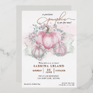 Kleine Pompoen Aquarel Roze Meisje Baby Shower Folie Uitnodiging