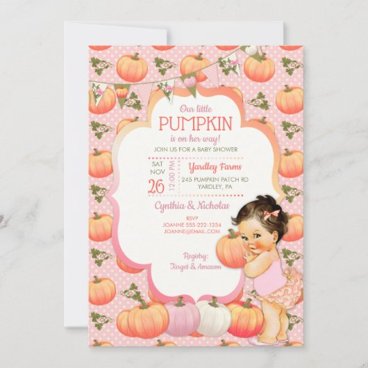 Kleine Pompoen Baby Meisje Douche Licht Brunette Kaart (Voorkant)