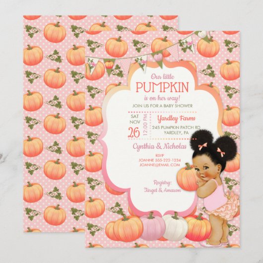 Kleine Pompoen Baby Meisje Douche Medium Puffs Kaart (Voorkant / Achterkant)