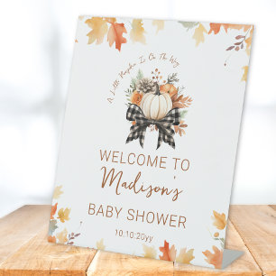 Kleine Pompoen Baby Shower Bloemen & Plaid Welkom Reclamebord Met Voetstuk