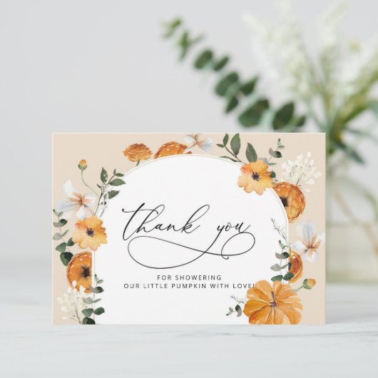 Kleine pompoen baby shower dank je kaart (Staand voorkant)