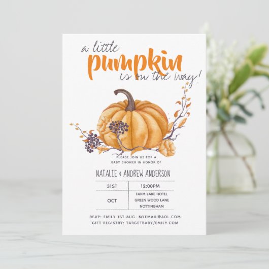 Kleine Pompoen Baby Shower Herfst Halloween Oranje Kaart (Staand voorkant)