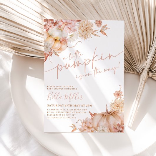 Kleine pompoen Baby shower Herfst roze bloemig Kaart
