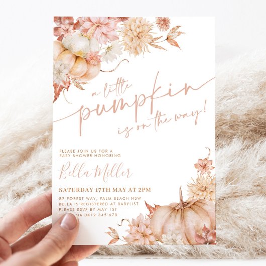 Kleine pompoen Baby shower Herfst roze bloemig Kaart