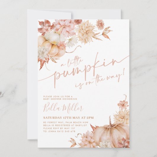 Kleine pompoen Baby shower Herfst roze bloemig Kaart (Voorkant)