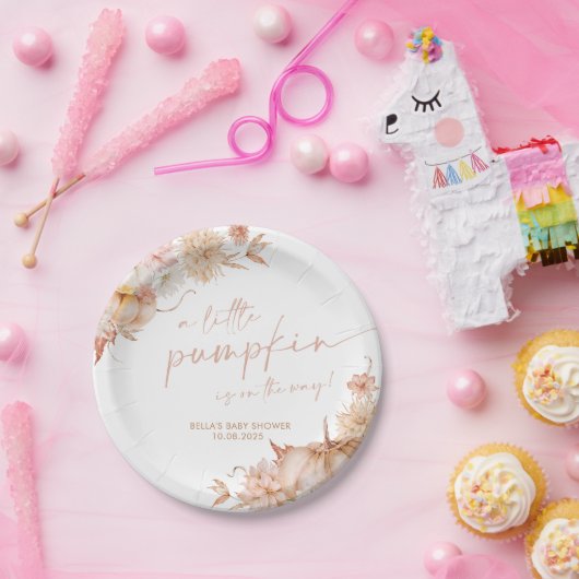 Kleine pompoen Baby shower Herfst roze bloemig Papieren Bordje (Feest)