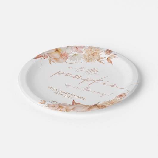 Kleine pompoen Baby shower Herfst roze bloemig Papieren Bordje (Gekanteld)
