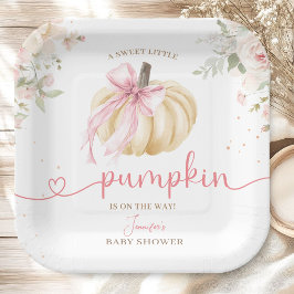 Kleine Pompoen Baby Shower Meisje Roze Strik Papieren Bordje