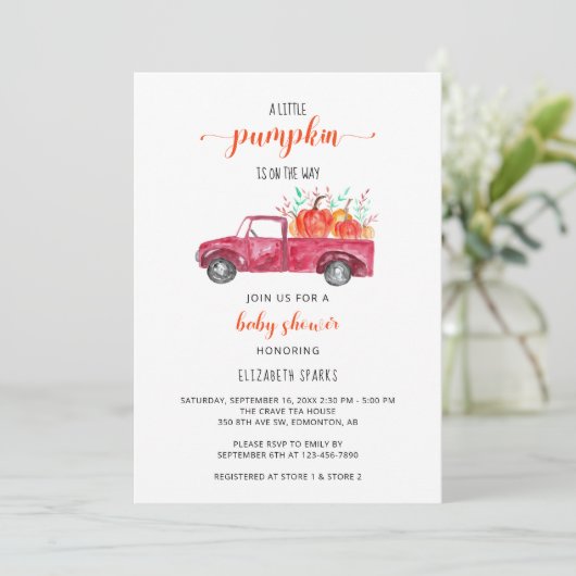 Kleine pompoen Baby shower Red Truck in herfst. Kaart (Staand voorkant)