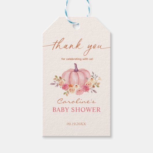 Kleine pompoen Baby shower roze meisje Cadeaulabel (Voorkant)