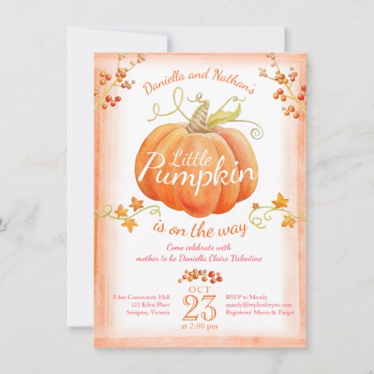 Kleine pompoen baby shower waterverf uitnodigingen (Voorkant)