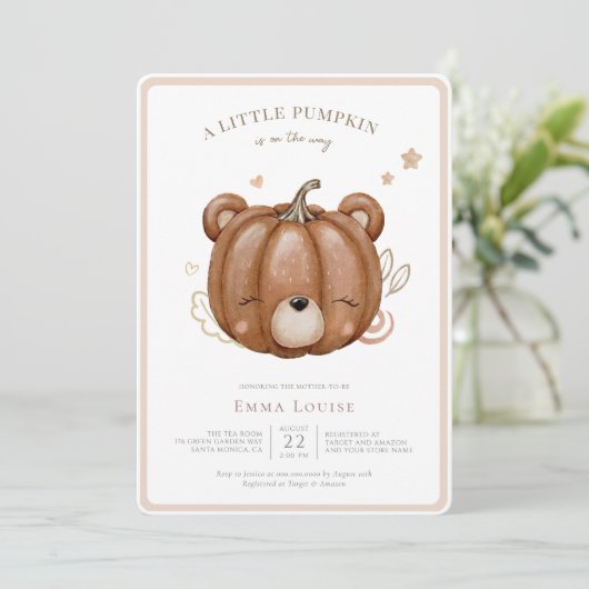 Kleine Pompoen Beer Herfst Baby shower Neutraal Kaart (Staand voorkant)