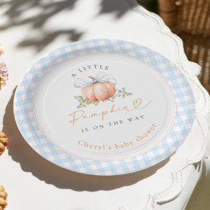 Kleine Pompoen Blauwe Gingham Baby Shower Papieren Bordje