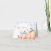 Kleine Pompoen Blauwe Gingham Bedankkaart (Voorkant)