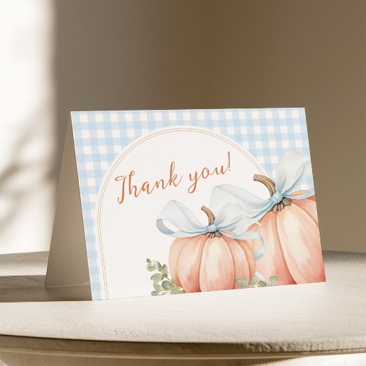 Kleine Pompoen Blauwe Gingham Bedankkaart