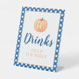 Kleine pompoen blauwe Herfst Verjaardags drankje Reclamebord Met Voetstuk