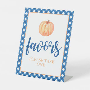 Kleine Pompoen blauwe Herfst Verjaardags Favoriet Reclamebord Met Voetstuk