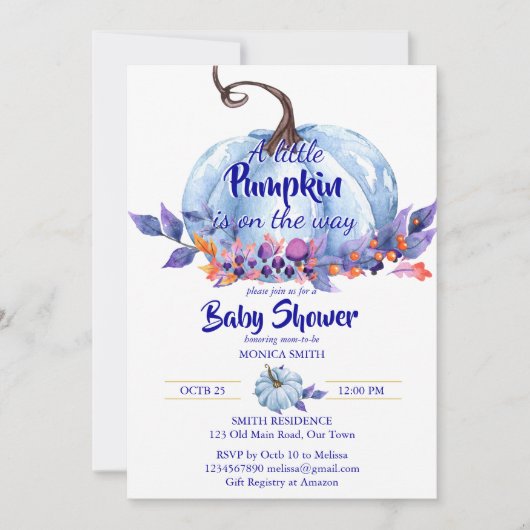 Kleine pompoen blauwe jongen baby shower kaart (Voorkant)