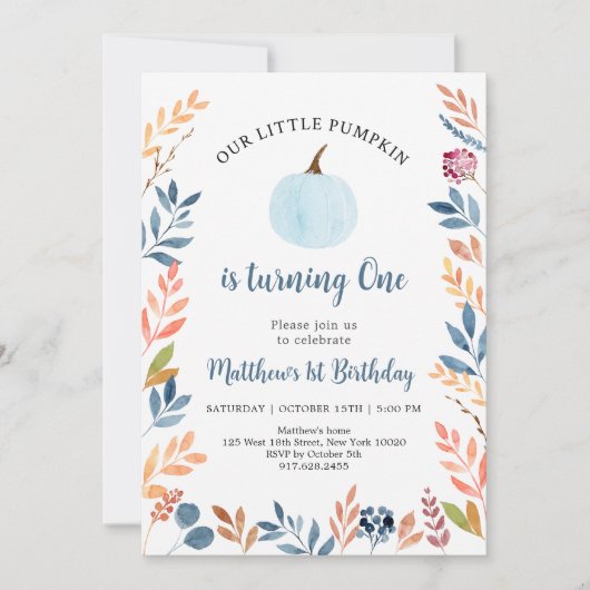 Kleine Pompoen Blauwe Jongen Eerste Verjaardag Kaart (Voorkant)