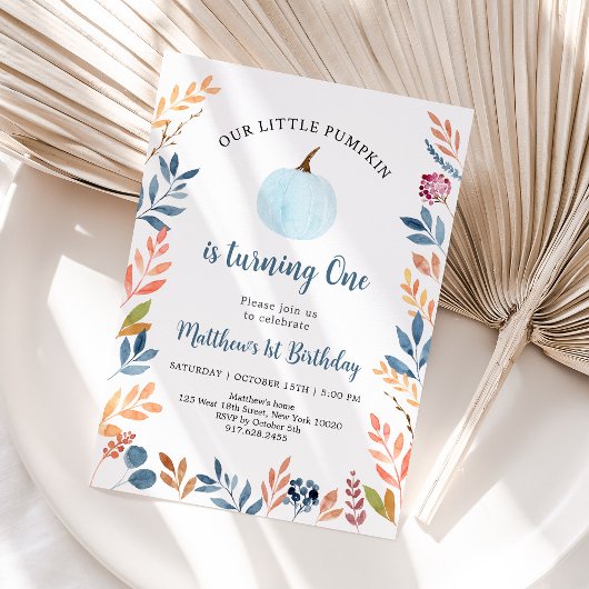 Kleine Pompoen Blauwe Jongen Eerste Verjaardag Kaart