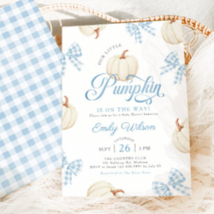 Kleine Pompoen Blauwe Strikken Gingham Baby Shower Kaart