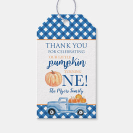 Kleine Pompoen Blauwe Truck Herfst Eerste Verjaard Cadeaulabel