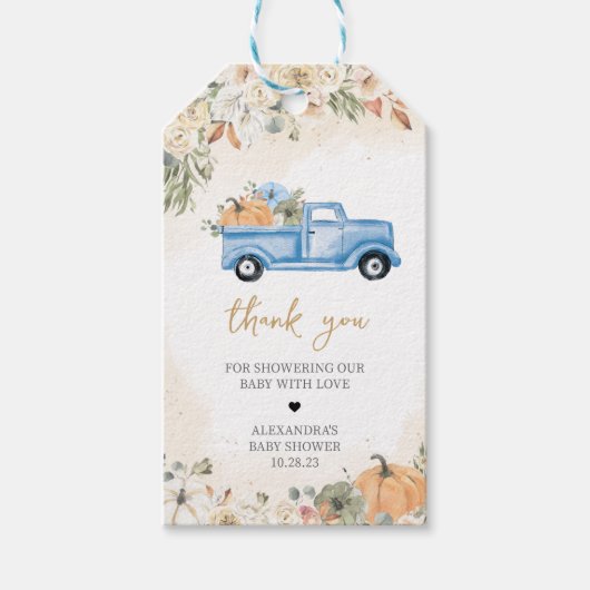 Kleine Pompoen Blauwe Vrachtwagen Baby shower Favo Cadeaulabel (Voorkant)