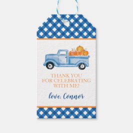 Kleine pompoen blauwe vrachtwagen ruitjes eerste v cadeaulabel