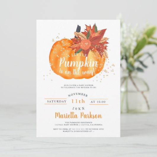 Kleine pompoen bloem oranje herfst baby shower kaart (Staand voorkant)