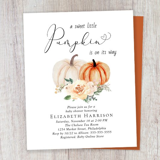 Kleine Pompoen Bloemen Baby shower Invitation