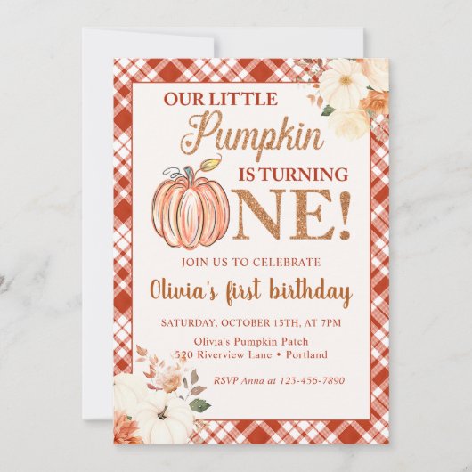 Kleine Pompoen Bloemen Herfst 1e Verjaardagsfeest Kaart (Voorkant)