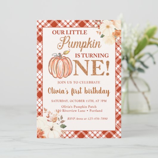 Kleine Pompoen Bloemen Herfst 1e Verjaardagsfeest Kaart (Staand voorkant)