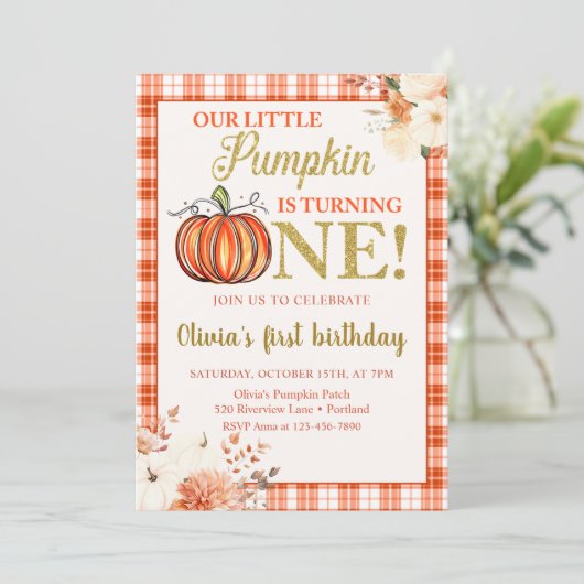 Kleine Pompoen Bloemen Herfst 1e Verjaardagsfeest Kaart (Staand voorkant)