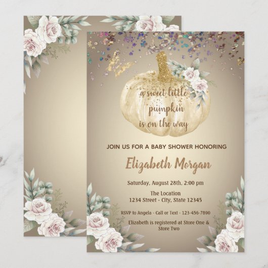 Kleine pompoen, bloemen, vlinder Baby shower Kaart (Voorkant / Achterkant)