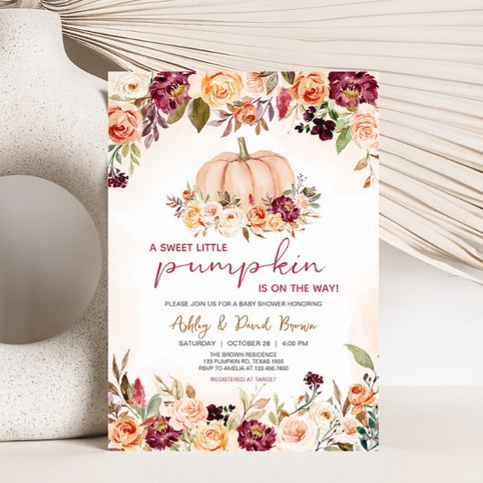 Kleine pompoen bloemenbordeaux Baby shower Kaart