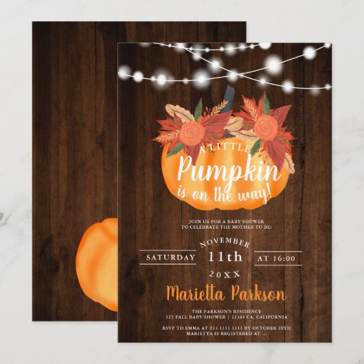 Kleine pompoen bloemenhout licht herfst baby showe kaart (Voorkant / Achterkant)