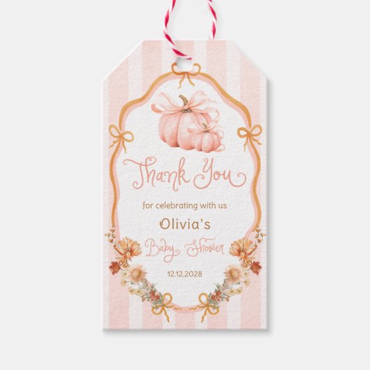 Kleine Pompoen Boog Bloemige Baby Shower Bedankt Cadeaulabel (Voorkant)