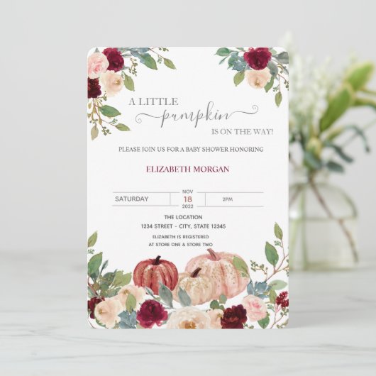 Kleine Pompoen Burgundy Bloemen Baby Shower Kaart (Staand voorkant)