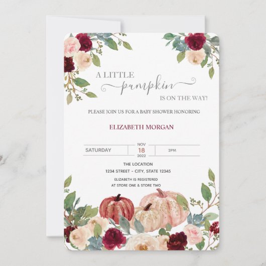 Kleine Pompoen Burgundy Bloemen Baby Shower Kaart (Voorkant)