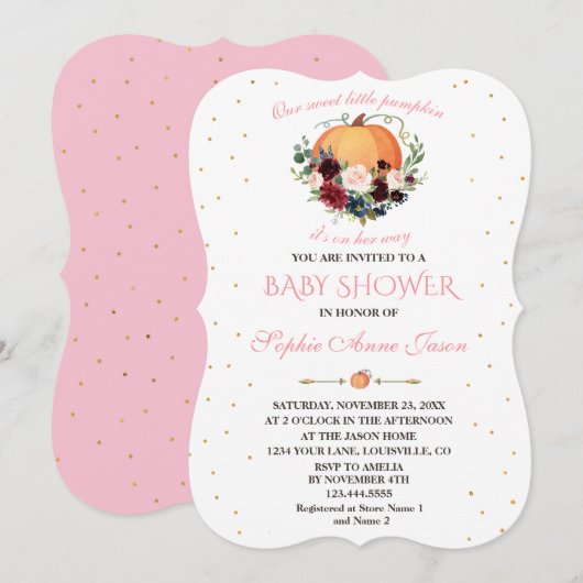 Kleine Pompoen Burgundy Navy Bloemige Baby Shower Kaart (Voorkant / Achterkant)