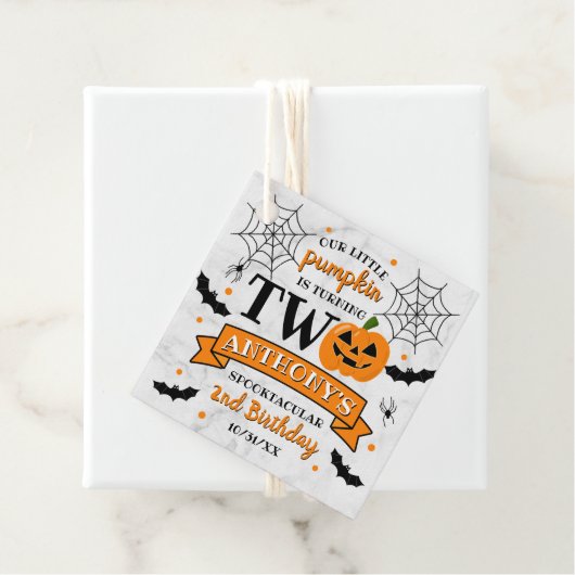Kleine pompoen die twee Halloween 2e verjaardag dr Bedankjes Labels (In situ)