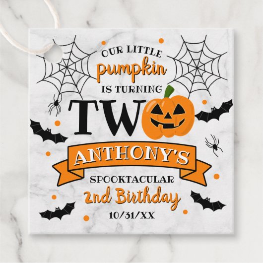 Kleine pompoen die twee Halloween 2e verjaardag dr Bedankjes Labels (Voorkant)