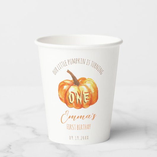 Kleine pompoen draaien 1 herfst eerste verjaardag papieren bekers (Achterkant)