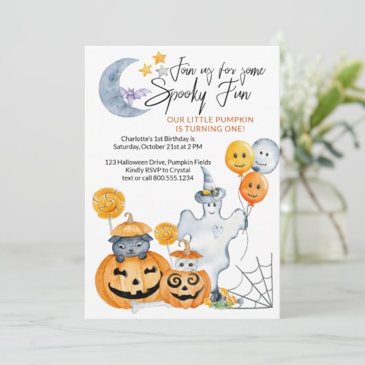 Kleine pompoen draaien een spooky plezier 1e verja kaart (Staand voorkant)