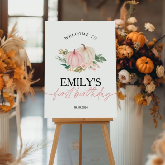 Kleine pompoen draait een verjaardagswelkomstbord poster