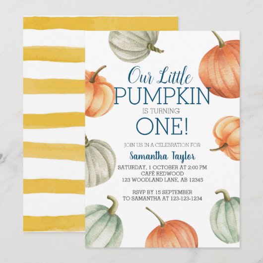 Kleine pompoen, één, eerste verjaardag draaien kaart (Voorkant / Achterkant)