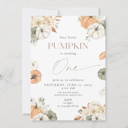 Kleine pompoen, één worden, 1e verjaardag kaart (Voorkant)