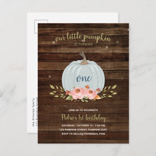 Kleine pompoen eerste verjaardag 1e jongen Herfst Uitnodiging Briefkaart (Voorkant / Achterkant)