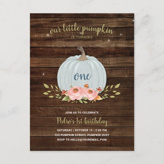 Kleine pompoen eerste verjaardag 1e jongen Herfst Uitnodiging Briefkaart (Voorkant)